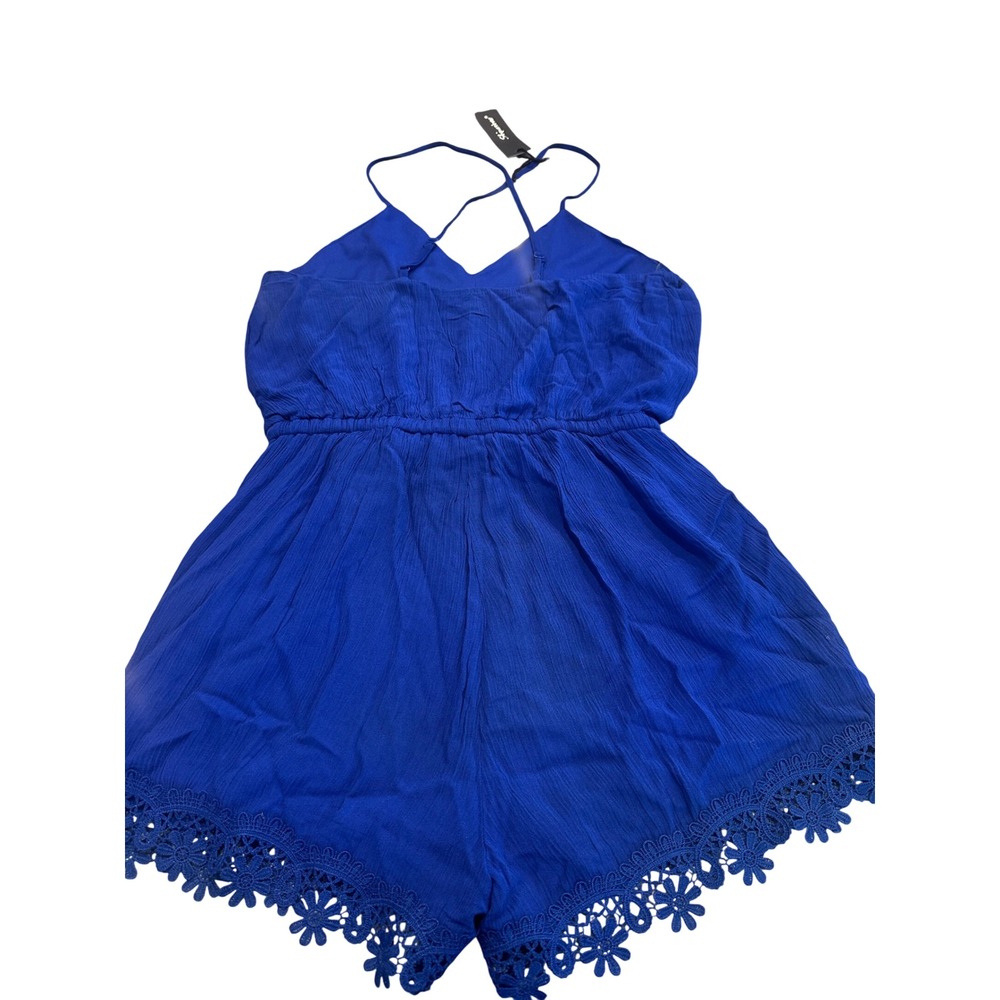 Shinestar Royal Blue Crochet Lace Trim Romper Womens Medium HD5325S Pockets NEW - Picture 9 of 12